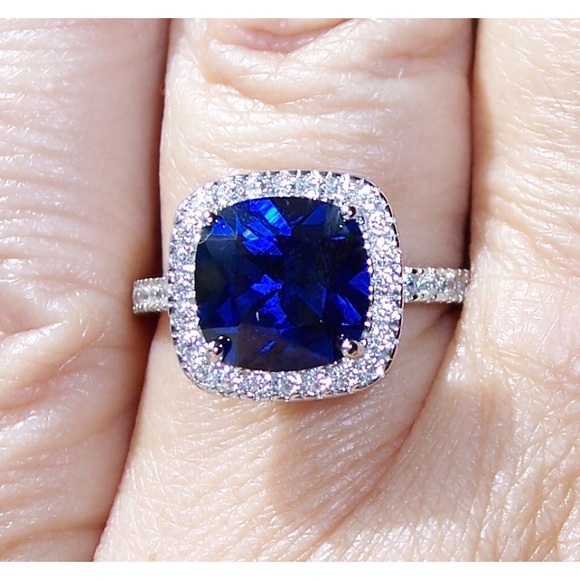 925 STERLING SILVER Cushion Cut Blue Spinel & Cubic Zirconia Halo Ring - Picture 2 of 16